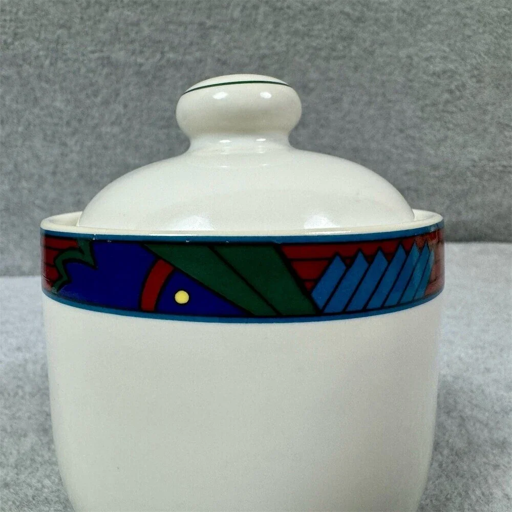 Vitromaster Jazz Sugar Bowl With Lid White Multicolor Geometric Vintage